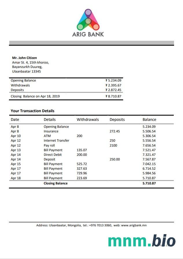 Mongolia Arig Bank szablon w formacie excel pdf